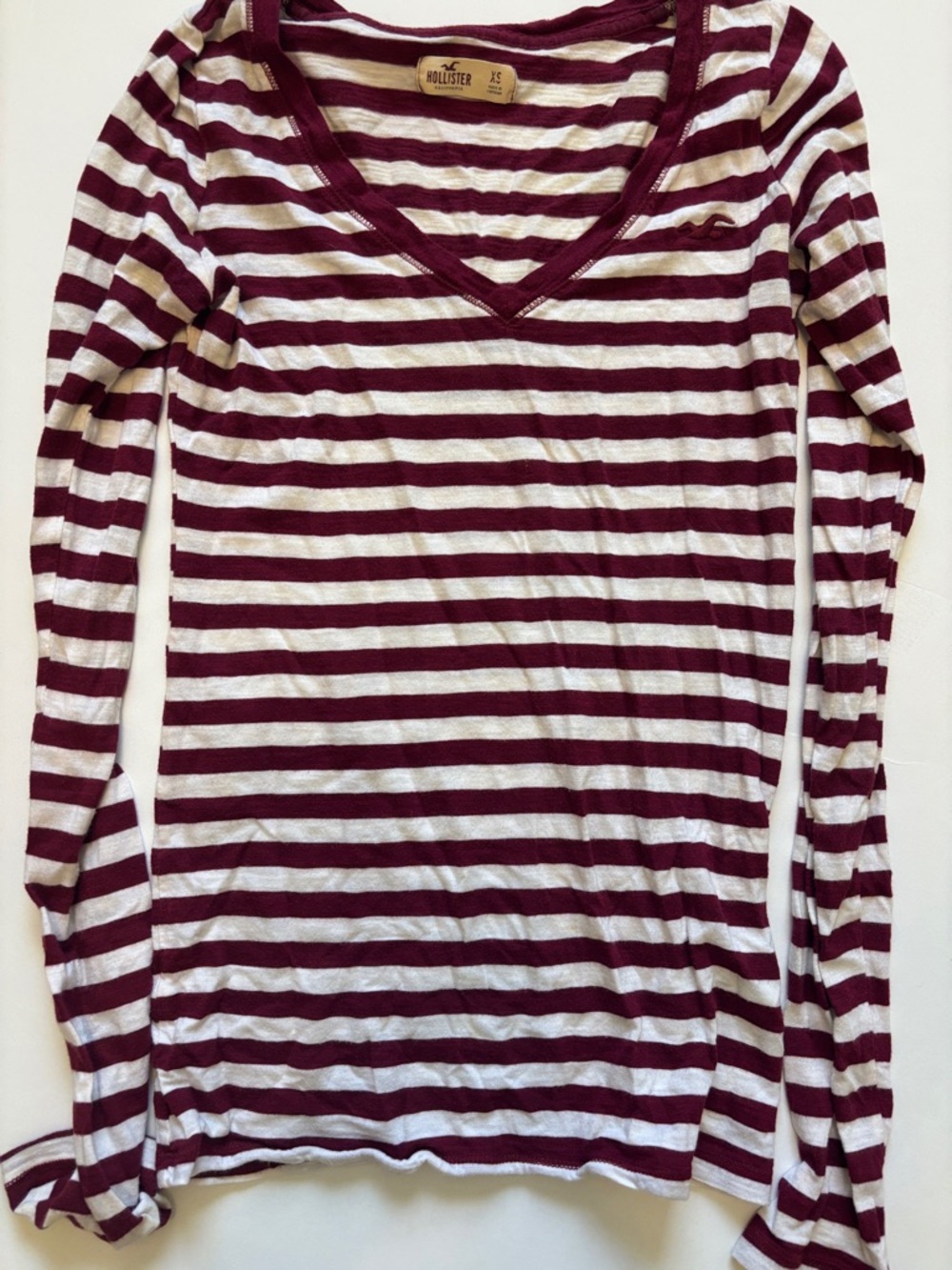 Hollister Burgundy and White Striped V-Neck Long Sleeve Top